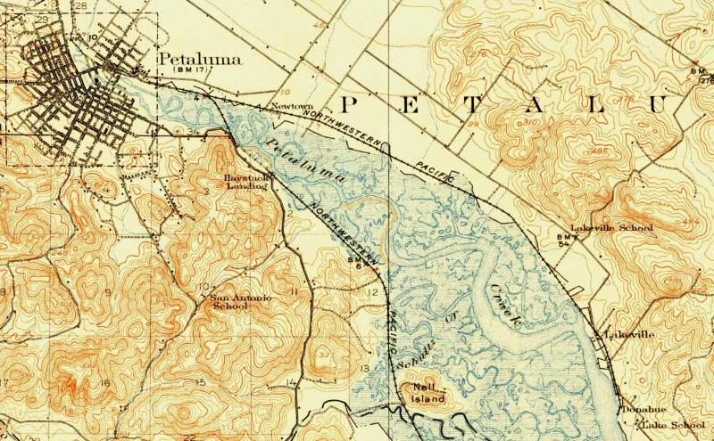 Detail, U.S. Geological Survey “Petaluma” quadrangle, 1914. (U.S. Geological Survey)